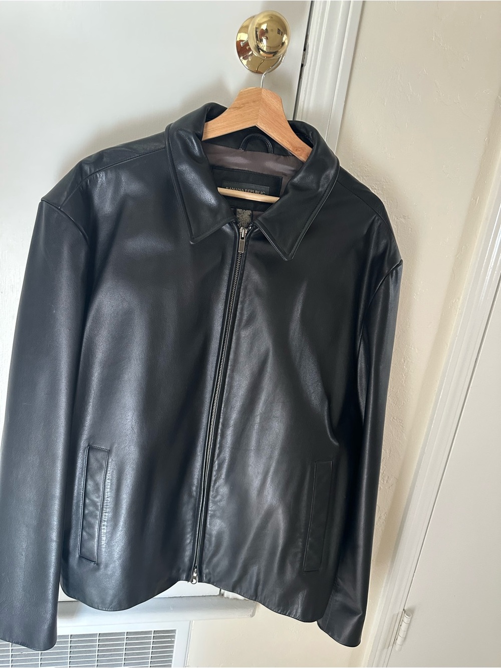 Banana Republic Black Leather Bomber Jacket with Pointed Collar
